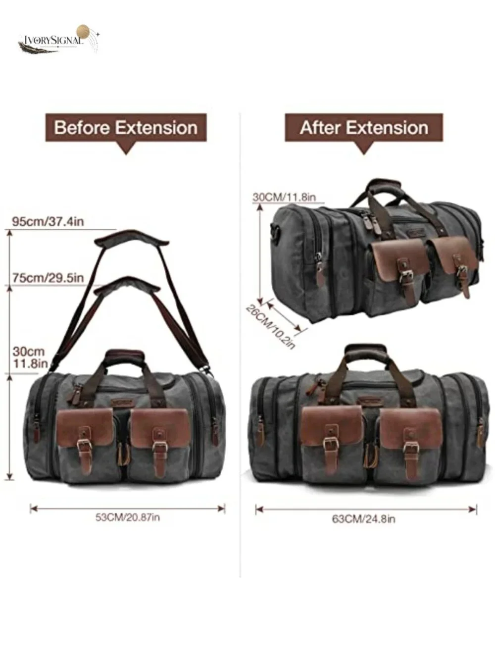 Canvas Leather Expandable 50L Travel Duffel Weekender Overnight Bag